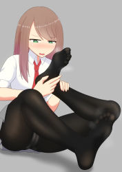  1girl blush embarrassed feet green_eyes hands_on_feet highres j-kisarazu no_shoes panties pantyhose school_uniform simple_background smell smelling soles steam sweat toes underwear  rating:Questionable score:50 user:Kag3rou