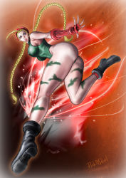 1girl antenna_hair artist_name ass beret black_footwear blonde_hair boots braid breasts cammy_white camouflage combat_boots commentary_request covered_erect_nipples fingerless_gloves full_body gloves green_leotard hat large_breasts leotard long_hair long_legs pink_devil red_hat solo street_fighter thick_thighs thighs thong_leotard twin_braids very_long_hair