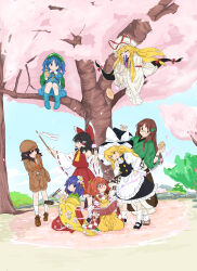  6+girls absurdres apron arms_behind_back ascot backpack bag bell black_hair black_vest blonde_hair blue_eyes blue_hair book boots bow braid brown_eyes brown_hair brown_hat brown_jacket brown_shorts cabbie_hat carving_fork checkered_clothes checkered_kimono cherry_blossoms chopsticks closed_eyes clothes_writing commentary_request day detached_sleeves dress eating falling_petals fan_over_face flat_cap floral_print floral_print_kimono flower folded_fan folding_fan food food_on_face fork frilled_bow frilled_hair_tubes frills futatsuiwa_mamizou futatsuiwa_mamizou_(human) gap_(touhou) glasses gohei green_bag green_hat green_kimono hair_bell hair_bobbles hair_bow hair_flower hair_ornament hair_tubes hakurei_reimu hand_fan hat hat_bow hat_ribbon hieda_no_akyuu highres holding holding_book holding_chopsticks holding_fan holding_fork holding_gohei in_tree jacket japanese_clothes jingle_bell kawashiro_nitori key kimono kirisame_marisa leaf_hair_ornament light_blush long_hair long_sleeves medium_hair mob_cap motoori_kosuzu multiple_girls necktie no_wings open_book open_mouth outdoors petals pink_petals pointy_ears print_kimono purple_eyes purple_hair purple_tabard red-framed_eyewear red_bow red_eyes red_necktie red_ribbon red_skirt ribbon ribbon-trimmed_sleeves ribbon_trim rubber_boots shameimaru_aya shameimaru_aya_(newsboy) short_hair short_sleeves shorts shoulder_bag side_braid single_braid sitting sitting_in_tree skirt skirt_set smile suit_jacket tabard tatutaniyuuto tongue tongue_out touhou tree two_side_up vest waist_apron white_apron white_bow wide_sleeves witch_hat yakumo_yukari yellow_apron yellow_ascot yellow_eyes yellow_kimono 