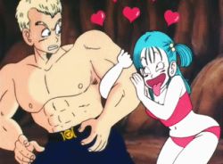  1980s_(style) 1boy 1girl abs age_difference animated animated_gif aqua_hair arm_hug belt bikini blonde_hair blue_(dragon_ball) breasts bulma clenched_teeth cowboy_shot dragon_ball dragon_ball_(classic) eye_contact female_pervert hair_bobbles hair_ornament heart long_hair looking_at_another lowres medium_breasts midriff muscular muscular_male naughty_face navel oldschool one_side_up pale_skin pervert red_bikini red_ribbon_army retro_artstyle ribbon scared side_ponytail standing strapless strapless_bikini swimsuit teeth tongue tongue_out topless_male trembling  rating:Sensitive score:65 user:firecattt