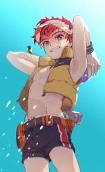  1boy arms_behind_back child commentary_request from_below hat highres jacket jr. looking_at_viewer male_focus navel outdoors red_hair sayasaka shorts sun_hat teeth water water_drop whistle xenosaga 