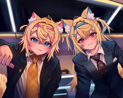  2girls alternate_costume animal_ear_fluff animal_ears black_necktie blue_eyes closed_mouth dog_ears dog_girl formal frown fuwawa_abyssgard hair_between_eyes hairband highres hololive hololive_english indoors long_hair long_sleeves looking_at_viewer medium_hair mococo_abyssgard multicolored_hair multiple_girls necktie pink_eyes shirt siblings sisters standing streaked_hair suit twins two_side_up virtual_youtuber white_shirt yellow_necktie yume_(yume_ato29) 