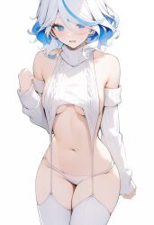  1girl breasts curvy furina_(genshin_impact) highres light_blush medium_breasts meme_attire narrow_waist nervous panties thick_thighs thighs underboob underwear virgin_destroyer_sweater white_background white_panties  rating:Questionable score:58 user:csDrawing