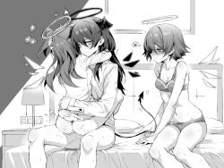 3girls aged_down arknights ass black_halo black_wings blush bottomless bra breasts censored chinese_commentary clothed_female_nude_female commentary_request dark_halo demon_horns demon_tail detached_wings dual_persona energy_wings exusiai_(arknights) fff_threesome futa_with_female futanari girl_on_top greyscale group_sex hair_between_eyes halo hand_on_another&#039;s_head heart horns hug indoors kataokasan lamp long_hair long_sleeves looking_at_another monochrome mosaic_censoring mostima_(arknights) multiple_girls navel nude on_bed one_side_up panties pussy_juice second-party_source sex shirt short_hair sitting small_breasts speech_bubble spoken_heart spoken_squiggle squiggle stomach tail tail_grab threesome time_paradox underwear underwear_only wings rating:Explicit score:295 user:danbooru