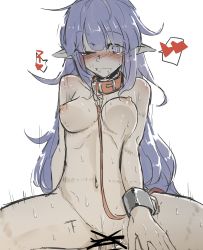  1girl blue_eyes blue_hair blush bouncing_breasts breasts buckle censored collar collarbone cuffs drooling elf girl_on_top heart highres leash long_hair long_pointy_ears looking_at_viewer medium_breasts motion_lines navel nipples nude one_eye_closed open_mouth penis pointy_ears pov pussy pussy_juice rope_marks saliva sex sidelocks simple_background slave solo_focus spread_legs sweat tears vaginal white_background  rating:Explicit score:24 user:DoctorWasabi