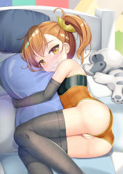  1girl ass bare_shoulders bed blush brown_hair cleft_of_venus clothing_aside detached_sleeves feet_out_of_frame fishnet_sleeves fishnet_thighhighs fishnets gloves grey_sleeves grey_thighhighs grin hair_ornament highres hugging_object leotard leotard_aside loli looking_at_viewer lying misogi_(princess_connect!) niiya on_bed on_side open_mouth orange_leotard pillow pillow_hug ponytail princess_connect! pussy ribbed_leotard side_ponytail smile solo stuffed_animal stuffed_dog stuffed_toy thighhighs uncensored yellow_eyes  rating:Explicit score:216 user:sytalidis