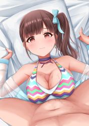  1boy 1girl bed_sheet blunt_bangs blush bow breasts brown_hair censored choker earrings hair_bow highres idolmaster idolmaster_shiny_colors jewelry large_breasts lying off_shoulder on_back one_side_up paizuri paizuri_under_clothes penis red_eyes see-through side_ponytail simple_background sonoda_chiyoko straddling straddling_paizuri sweat warubo  rating:Explicit score:94 user:danbooru