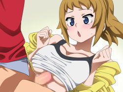  1girl :o bare_shoulders blonde_hair blue_eyes blush bottomless breasts breasts_squeezed_together censored cleavage gundam gundam_build_fighters gundam_build_fighters_try hoshino_fumina jacket large_breasts looking_down lying mosaic_censoring open_clothes open_jacket open_mouth paizuri paizuri_under_clothes penis ponytail silver_meteor simple_background sitting sitting_on_person solo_focus sports_bra sweatdrop yellow_jacket  rating:Explicit score:78 user:Kentabarou