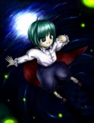  1girl antennae aqua_eyes aqua_hair black_cape blue_shorts buttons cape collared_shirt dress_shirt fireflies long_sleeves lowres mary_janes medinki official_style puffy_shorts red_cape red_footwear shirt shoes short_hair shorts smile socks solo touhou two-sided_fabric two-tone_cape white_shirt white_socks wriggle_nightbug zun_(style) 