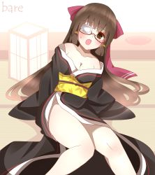  1girl bare_shoulders blush breasts brown_eyes brown_hair cleavage eyepatch female_focus glasses hair_ribbon highres japanese_clothes kimono long_hair looking_at_viewer md5_mismatch non_(wednesday-classic) open_mouth original ribbon shy sitting solo surprised sweatdrop text_focus third-party_edit  rating:Sensitive score:5 user:softfang