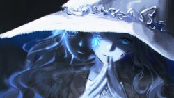  1girl blue_eyes blue_skin blue_theme closed_mouth colored_skin cracked_skin elden_ring extra_faces hat head_tilt looking_at_viewer one_eye_closed own_hands_together ranni_the_witch solo whitem_(whiteemperor2020) witch_hat  rating:General score:13 user:danbooru