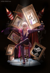  1boy absurdres ace_(playing_card) advarcher asymmetrical_clothes battery blue_eyes blue_hair bomb boots camera card character_name collarbone crossed_legs ear_bell elbow_gloves english_text explosive gavis_bettel gavis_bettel_(1st_costume) gloves hair_between_eyes hat heterochromia highres holding holding_clothes holding_hat holding_matchstick holostars holostars_english jack_(playing_card) jester king_(playing_card) male_focus matches medium_hair multicolored_hair one-eyed outstretched_arms phantom_(gavis_bettel) picture_frame pink_eyes playing_card queen_(playing_card) scarf smile spread_arms stool striped_clothes thigh_boots top_hat vertical-striped_clothes white_hair white_scarf 