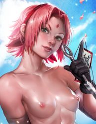  1girl arm_warmers black_gloves blue_sky blush breasts cloud cloudy_sky collarbone elbow_sleeve eyelashes facial_mark female_focus forehead_mark gloves green_eyes hairband haruno_sakura head_tilt headband headdress holding holding_weapon knife kunai lips looking_at_viewer naruto naruto_(series) naruto_shippuuden ninja nipples nose nude ofuda outdoors parted_lips petals pink_hair realistic sakimichan shiny_skin short_hair sky small_breasts solo string topfreedom topless_frame upper_body weapon  rating:Questionable score:168 user:chucky69