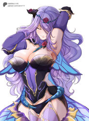  1girl breasts camilla_(fire_emblem) camilla_(resplendent)_(fire_emblem) cleavage closed_eyes fire_emblem fire_emblem_fates fire_emblem_heroes hair_over_one_eye large_breasts long_hair nintendo purple_hair  rating:Sensitive score:6 user:YuukoLover