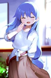  1girl :d ^_^ absurdres blue_hair blurry blurry_background brown_skirt closed_eyes commentary_request extra facing_viewer fang hairdresser_(onii-chan_wa_oshimai!) hand_to_own_mouth highres indoors leaning_to_the_side light_blush long_hair low-tied_long_hair natsuyamai onii-chan_wa_oshimai! open_mouth pouch scissors shirt skirt smile solo very_long_hair white_shirt 