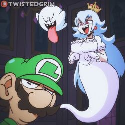 1boy 1girl animated animated_gif boo_(mario) bouncing_breasts breasts cleavage crown dress embarrassed ghost ghost_girl large_breasts lowres luigi luigi&#039;s_mansion mario_(series) monster_girl nintendo princess_king_boo shy teasing tongue twistedgrim rating:Sensitive score:227 user:LivingCorpse