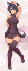  1girl absurdres animal_ears armpits bare_arms bare_shoulders bed_sheet black_hair blush breasts brown_eyes closed_mouth dakimakura_(medium) dog_ears dog_girl dog_tail e-qi from_above full_body hand_on_own_chest hand_up highres knees_together_feet_apart large_breasts looking_at_viewer lying on_back on_bed original purple_sweater ribbed_sweater short_hair smile solo sweater sweater_vest tail thighhighs turtleneck turtleneck_sweater  rating:Sensitive score:11 user:danbooru