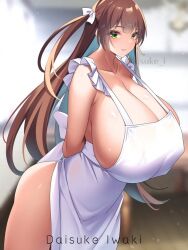  1girl apron blurry blurry_background breasts brown_hair cleavage dot_nose dutch_angle female_focus gigantic_breasts green_eyes kisuke_i naked_apron ponytail side_ponytail sideboob smile solo standing thick_thighs thighs white_apron wide_hips  rating:Questionable score:19 user:Orphan_crippler
