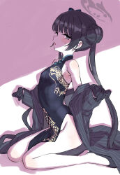 1girl arched_back armpit_crease ata_(tsumari) bare_shoulders black_dress black_gloves black_hair blue_archive blush breasts china_dress chinese_clothes coat coat_partially_removed commentary_request dragon_print dress flats from_side full_body gloves grey_eyes hair_bun half-closed_eyes halo highres kisaki_(blue_archive) long_hair looking_at_viewer looking_to_the_side mandarin_collar no_panties open_clothes open_coat open_mouth pelvic_curtain pinstripe_coat profile raised_eyebrows shadow side_slit sideboob sitting sleeveless sleeveless_dress small_breasts solo sweat twintails very_long_hair w_arms wariza rating:Questionable score:34 user:danbooru
