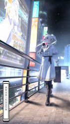  1boy 3girls absurdres ad annotated artist_name aura_(sousou_no_frieren) billboard black_footwear blurry blurry_background chinese_commentary city_lights cityscape color_connection cross-laced_footwear drop_earrings earrings eisen_(sousou_no_frieren) elf fate/grand_order fate_(series) fern_(sousou_no_frieren) frieren genderswap genderswap_(mtf) green_eyes greyfish13 highres himmel_(sousou_no_frieren) holding holding_instrument holding_phone holding_suitcase holding_violin instrument jacket jewelry long_hair long_skirt looking_to_the_side multiple_girls music night outdoors parody parted_lips phone plants_vs_zombies playing_instrument pointy_ears puff-shroom_(plants_vs_zombies) railing ranguage saizeriya screen shadow skirt solo_focus sousou_no_frieren standing stark_(sousou_no_frieren) sticker suitcase translated twintails violin white_hair white_jacket white_skirt 