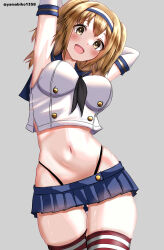  1girl absurdres arms_behind_head black_neckerchief black_panties blue_sailor_collar blue_skirt blush breasts brown_eyes brown_hair cosplay crop_top elbow_gloves gloves gluteal_fold grey_background hairband highleg highleg_panties highres i-26_(kancolle) kantai_collection large_breasts light_brown_hair long_hair looking_at_viewer microskirt mizuki_(uzuki_no_sato) navel neckerchief open_mouth panties sailor_collar school_swimsuit shimakaze_(kancolle) shimakaze_(kancolle)_(cosplay) skirt smile solo striped_clothes striped_thighhighs swimsuit thighhighs thighs thong twitter_username two-tone_hairband two_side_up underwear white_gloves 