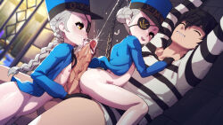 1boy 2girls absurdres amamiya_ren black_hair blsh_(blshwrks) blue_headwear bottomless buttjob caroline_(persona_5) closed_eyes erection eyepatch fellatio femdom ffm_threesome grey_hair group_sex hat highres huge_penis indoors justine_(persona_5) loli lolidom long_braid looking_at_another looking_at_viewer looking_to_the_side multiple_girls open_clothes oral penis persona persona_5 prison prison_cell prison_clothes testicles threesome veins veiny_penis rating:Explicit score:303 user:danbooru