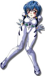  1girl ayanami_rei blue_hair bodysuit breasts cameltoe eyeball_(artist) formal from_above full_body gainax looking_at_viewer neon_genesis_evangelion plugsuit red_eyes sitting smile solo suit tagme white_background 