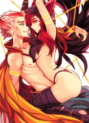  1boy 1girl animal_ears armpits arms_up bandaged_arm bandaged_leg bandages bdsm blue_eyes bondage bound bound_arms breasts cape facial_hair facial_mark from_side girl_on_top goatee hood league_of_legends long_hair looking_at_another medium_breasts multicolored_hair orange_eyes panties parted_lips profile purple_panties rakan_(league_of_legends) red_hair restrained short_hair sieyarelow silver_hair smile straddling thong bound_together two-tone_hair underwear xayah  rating:Sensitive score:82 user:danbooru