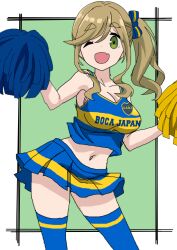  1girl boca_juniors brown_hair fang female_focus flesh_fang green_eyes inuyama_aoi midriff one_eye_closed open_mouth pom_pom_(cheerleading) pom_pom_(clothes) ponytail ribbon riokasen skirt solo standing thighhighs yurucamp  rating:Questionable score:5 user:Wuster1205