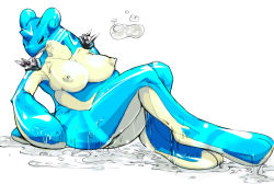 1girl alternate_color breasts creatures_(company) dripping female_focus furry furry_female game_freak gen_1_pokemon horns lapras large_breasts nintendo nipples pokemon pokemon_(creature) sasamix simple_background single_horn sitting smirk solo spikes water wet rating:Questionable score:37 user:bigb