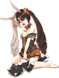 10s 1girl animal_ears bad_id bad_pixiv_id bare_shoulders barefoot bell bestiality black_hair blade_&amp;_soul blush brown_eyes collar cowgirl_position drill_hair eyepatch flat_chest girl_on_top highres interspecies kneeling loli multicolored_hair neck_bell neckerchief nipples off_shoulder open_mouth pleated_skirt pohwaran rabbit_ears saliva sex silver_hair skirt solo solo_focus split-color_hair straddling tama_(tamatamo) tongue twin_drills twintails two-tone_hair vaginal rating:Explicit score:113 user:danbooru