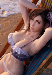  1girl 3d armpits arms_behind_head arms_up artist_name beach beach_chair bikini billyhhyb black_hair breasts closed_mouth collarbone final_fantasy final_fantasy_vii final_fantasy_vii_rebirth final_fantasy_vii_remake flower hair_flower hair_ornament highres large_breasts lips looking_at_viewer navel official_alternate_costume patreon_username red_eyes sand smile solo stomach strap_gap swimsuit tifa_lockhart tifa_lockhart_(shining_spirit) water  rating:Sensitive score:25 user:danbooru