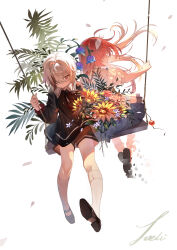 2girls absurdres aged_down arlecchino_(genshin_impact) artist_name black_dress black_footwear black_hair black_ribbon black_shorts blue_flower bouquet child clervie_(genshin_impact) closed_mouth commentary_request dress expressionless fern flower frilled_sleeves frills full_body genshin_impact hair_over_one_eye hairband highres joehi long_hair long_sleeves multicolored_hair multiple_girls peruere_(genshin_impact) puffy_short_sleeves puffy_sleeves red_hair red_pupils ribbon shoes short_hair short_sleeves shorts sitting socks sunflower swing symbol-shaped_pupils white_dress white_hair white_hairband white_socks x-shaped_pupils yellow_flower