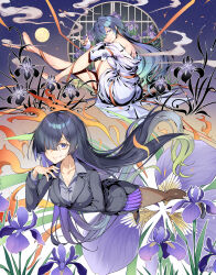  1girl a.i._voice absurdres ajishio arm_under_breasts black_hair blouse blue_eyes blue_hair breasts brown_pantyhose buttons cigarette colored_inner_hair commentary_request flower formal full_moon grey_footwear grey_jacket grey_shirt grey_suit hair_over_one_eye hand_on_knees hand_up highres holding holding_cigarette invisible_floor jacket lapels large_breasts long_hair long_sleeves looking_at_viewer moon multicolored_hair multiple_views night no_shoes orange_ribbon pantyhose pencil_skirt pleated_skirt purple_flower purple_hair purple_skirt ribbon round_window shirt sitting skirt skirt_under_skirt smile smoke standing star_(sky) suit suit_jacket white_shirt window yogatari_tobari 