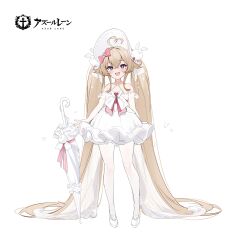  1girl absurdres ahoge attilio_regolo_(angel_from_above)_(azur_lane) attilio_regolo_(azur_lane) azur_lane bare_shoulders bonnet bow bug butterfly dress fang frilled_dress frills full_body hair_bow hair_ornament halterneck heart heart-shaped_pupils heart_ahoge highres insect k.t.cube light_brown_hair logo long_hair looking_at_viewer low_twintails mole mole_under_eye official_alternate_costume open_mouth pantyhose pink_bow purple_eyes rabbit_hair_ornament simple_background skin_fang smile solo symbol-shaped_pupils twintails umbrella very_long_hair white_background white_bonnet white_dress white_footwear white_pantyhose white_umbrella 