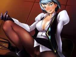  1girl :p blue_eyes blue_hair blush breasts capcom cleavage earrings female_pubic_hair gloves ace_attorney jewelry franziska_von_karma large_breasts matching_hair/eyes mole mole_under_eye naughty_face no_bra no_panties pantyhose pencil_skirt pubic_hair pussy see-through short_hair skirt solo spread_legs squatting tongue tongue_out undressing yurikawa  rating:Explicit score:63 user:danbooru
