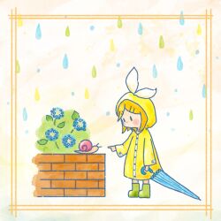  1girl aged_down blonde_hair blue_flower blush_stickers boots bow brick_wall bush child closed_umbrella curious flower hair_ornament hairclip holding holding_umbrella hood hood_up hydrangea kagamine_rin long_sleeves no_mouth pointing pointing_up rain raincoat rubber_boots short_hair snail solid_oval_eyes solo swept_bangs umbrella vocaloid water_drop yellow_raincoat yukiko_0831 |_| 