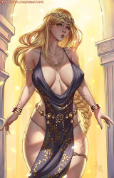  1girl arimatang armlet bare_hips bare_shoulders blonde_hair bracelet braid breasts breasts_apart circlet cleavage collarbone covered_erect_nipples cracked_skin dress elden_ring groin hair_behind_ear halterneck jewelry large_breasts long_hair midriff necklace pelvic_curtain plunging_neckline queen queen_marika_the_eternal single_braid sleeveless solo thick_lips thighs yellow_eyes  rating:Sensitive score:128 user:danbooru