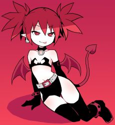  1girl akableak anklet arm_belt arm_support bare_shoulders belt belt_buckle black_bra black_choker black_footwear black_gloves black_thighhighs boots bra breasts bright_pupils buckle choker closed_mouth collarbone commentary demon_girl demon_tail demon_wings disgaea earrings elbow_gloves english_commentary etna_(disgaea) full_body gloves gradient_background groin hair_between_eyes highres jewelry leaning_to_the_side looking_at_viewer makai_senki_disgaea midriff mini_wings narrowed_eyes naughty_face navel o-ring o-ring_choker pelvic_curtain pointy_ears red_background red_bracelet red_eyes red_hair red_tail red_wings shadow short_twintails sitting skull_earrings slit_pupils small_breasts smile solo strapless strapless_bra studded_anklet studded_bracelet tail thigh_gap thighhighs tongue tongue_out tsurime twintails underwear white_belt white_pupils wings yokozuwari 