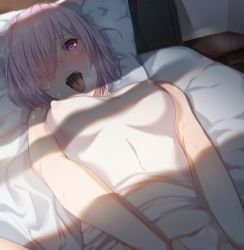 1girl ahegao bare_arms bed blurry blush breasts commentary covered_erect_nipples day fate/grand_order fate_(series) hair_over_one_eye heart heart-shaped_pupils heavy_breathing implied_sex indoors looking_at_viewer lying mash_kyrielight medium_breasts navel nightstand nose_blush on_back open_mouth pillow pink_hair purple_eyes saliva short_hair solo sunlight sweat symbol-shaped_pupils taut_clothes tight_(ohmygod) tongue tongue_out upper_body vest white_vest window_shadow rating:Questionable score:53 user:danbooru