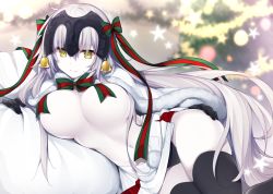 1girl aged_up bell black_gloves black_panties black_thighhighs bow breasts breasts_out christmas_tree colored_skin fate/grand_order fate_(series) gloves hair_bell hair_between_eyes hair_ornament headpiece jeanne_d&#039;arc_(fate) jeanne_d&#039;arc_alter_(avenger)_(fate) jeanne_d&#039;arc_alter_(fate) jeanne_d&#039;arc_alter_santa_lily_(fate) large_breasts long_hair looking_at_viewer lying miko_(royal_milk) navel on_side panties ribbon smile solo striped_bow striped_ribbon thighhighs topless underwear very_long_hair white_skin yellow_eyes rating:Questionable score:25 user:danbooru