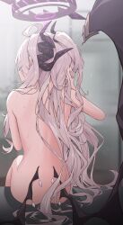  1girl absurdres ahoge back black_halo black_horns black_wings blue_archive blurry blurry_background closed_eyes commentary_request completely_nude from_behind grey_hair halo highres hina_(blue_archive) horns long_hair low_wings nude sitting wet wings yozora_(1wkdgusdn)  rating:Questionable score:33 user:danbooru