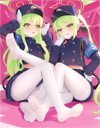  2girls absurdres armband black_hat black_tail blue_archive blue_armband commentary_request demon_tail feet feet_up green_hair green_halo halo hat highres hikari_(blue_archive) legs_up long_hair mato_kuroi multiple_girls no_shoes nozomi_(blue_archive) pantyhose peaked_cap siblings sisters soles tail train_conductor twins twintails white_pantyhose yellow_eyes 