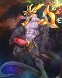  1boy abs absurdres artist_logo bara chronos_nyx claws commentary completely_nude dragalia_lost dragon_boy dragon_tail english_commentary erection furry furry_male gears highres looking_at_viewer male_focus nude pectorals penis precum tail tongue tongue_out veins veiny_penis vorusu 
