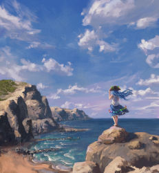  1girl absurdres barefoot beach black_hat blue_hair blue_skirt blue_sky cliff cloud commentary day floating_hair food frilled_skirt frills from_behind fruit hand_on_headwear hat highres hinanawi_tenshi horizon landscape leaf long_hair ocean outdoors peach peach_hat_ornament rainbow_gradient reddizen rock scenery shirt shore skirt sky sleeveless sleeveless_shirt solo standing symbol-only_commentary touhou water white_shirt  rating:General score:14 user:danbooru