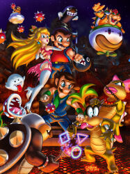 2girls 6+boys angry billy_lee blonde_hair boo_(mario) bow_hairband bowser breasts brothers brown_hair bullet_bill castle chain_chomp claws cosplay crown double_dragon double_dragon_ii_(the_revenge) dress evil_grin evil_smile grin hairband horns hug iggy_koopa jacket jimmy_lee koopa_clown_car lipstick long_hair looking_at_another luigi makeup marian_kelly mario mario_(series) morton_koopa_jr. multiple_boys multiple_girls night night_sky nintendo panties pantyhose princess_peach punching red_hair serious siblings sky smile spiked_shell spiny spiny_egg super_mario_bros._3 super_mario_world tale torn_clothes torn_dress underwear upskirt wand wendy_o._koopa white_panties