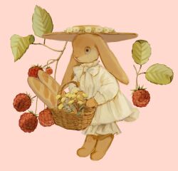  absurdres animal animal_focus baguette basket bloomers bow bowtie bread clothed_animal collared_dress commentary_request dandelion dress flower food frilled_dress frilled_sleeves frills fruit hat hat_flower high_collar highres holding holding_basket leaf long_sleeves no_humans original pink_background rabbit raspberry short_dress simple_background solo sun_hat tono_(rt0no) underwear white_bloomers white_bow white_bowtie white_dress white_flower wide_brim yellow_flower yellow_hat 