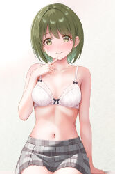  absurdres arm_support blush bow bow_bra bra breasts ca_paria checkered_clothes checkered_skirt closed_mouth collarbone commentary_request embarrassed finger_to_mouth green_eyes green_hair grey_skirt hand_up highres idolmaster idolmaster_shiny_colors lace lace-trimmed_bra lace_trim medium_breasts midriff miniskirt nanakusa_nichika navel no_shirt short_hair sitting skirt thighs underwear white_background white_bra 