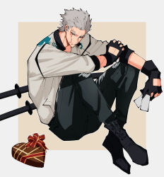  1boy absurdres black_gloves blue_eyes candy chocolate chocolate_heart denim dragon_print facial_scar fate/grand_order fate_(series) food gloves grey_hair hair_slicked_back haruakira heart highres holding holding_ticket jacket jeans katana knees_to_chest male_focus mouth_hold nagakura_shinpachi_(fate) pants red_ribbon ribbon scar scar_on_cheek scar_on_face shirt short_hair sitting stalk_in_mouth sword valentine weapon white_jacket 