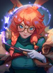  1girl animal_earrings animal_ears aurora_(league_of_legends) blue_eyes bug butterfly coat crimson81889796 earrings freckles fur-trimmed_coat fur_trim glasses gloves hair_between_eyes highres holding holding_wand insect jewelry league_of_legends long_hair looking_at_viewer magic orange_hair rabbit_ears rabbit_girl round_eyewear sidelocks simple_background single_earring smile solo upper_body wand white_gloves 